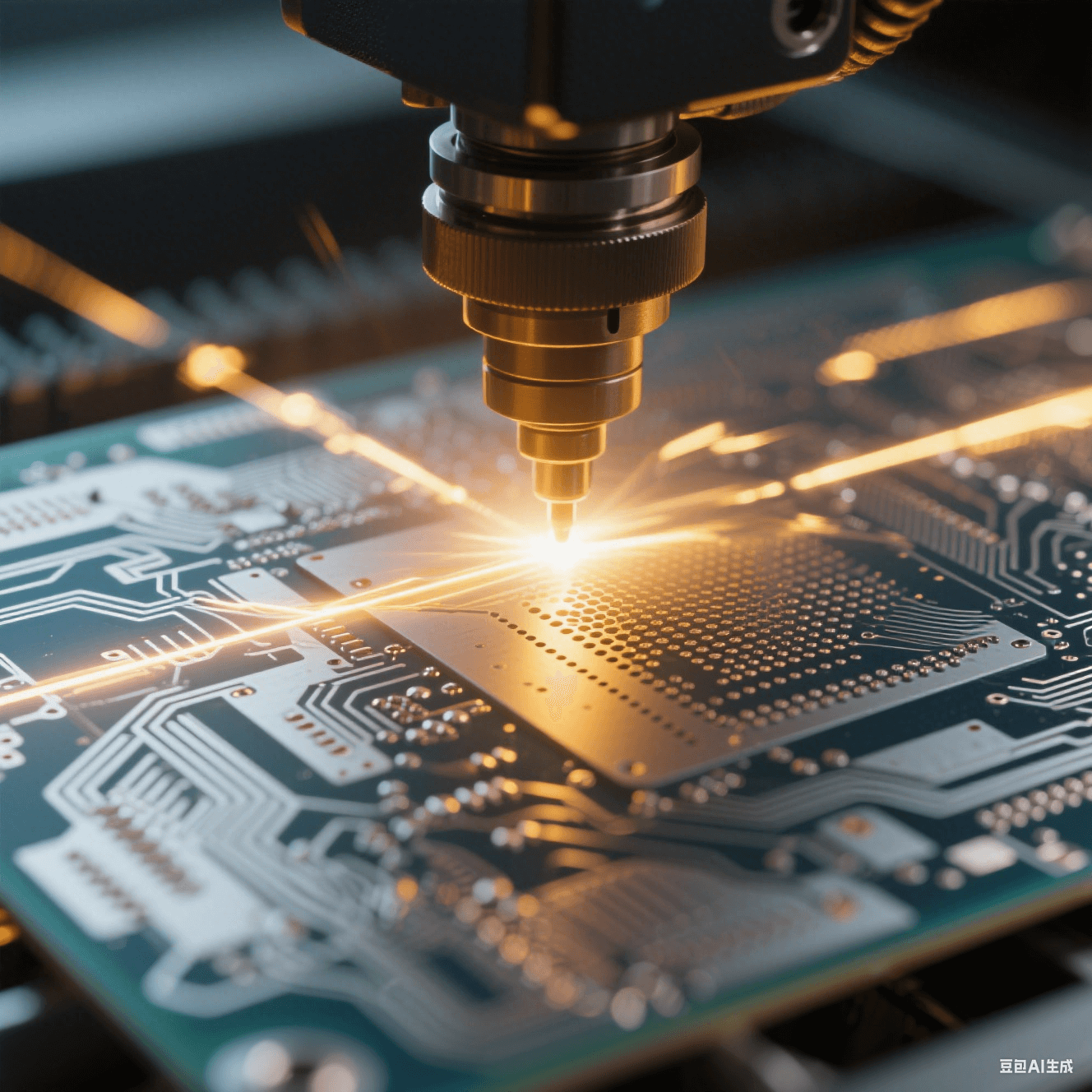 特種印制電路板的激光微孔加工過程，UV 激光束聚焦于板材，形成精細(xì)微孔