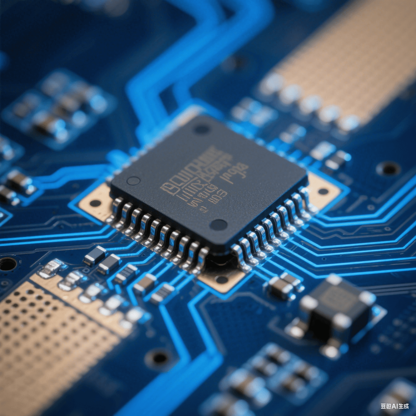 Flip Chip 倒裝芯片與封裝基板互連細(xì)節(jié)，顯示微米級焊點(diǎn)與信號傳輸路徑，背景為藍(lán)色電路板基底