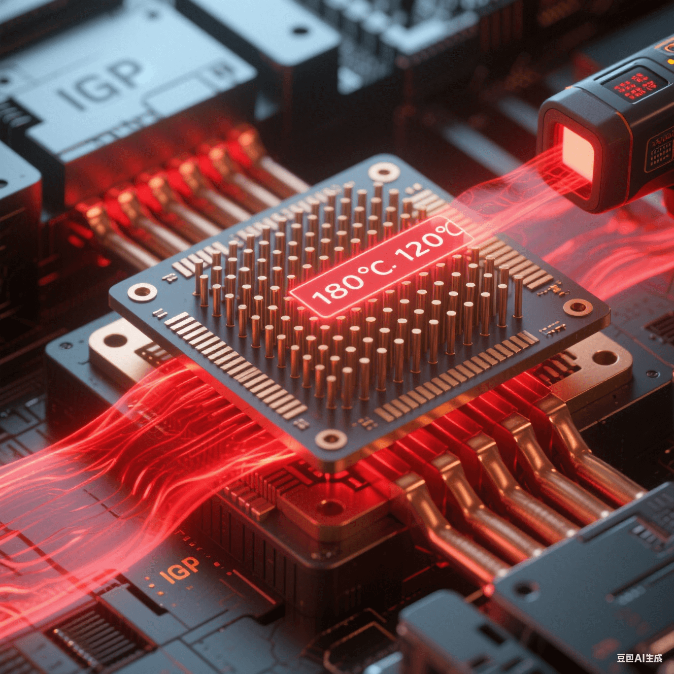 碳化硅微柱陣列嵌入銅熱沉，紅色熱流穿過柱體擴(kuò)散