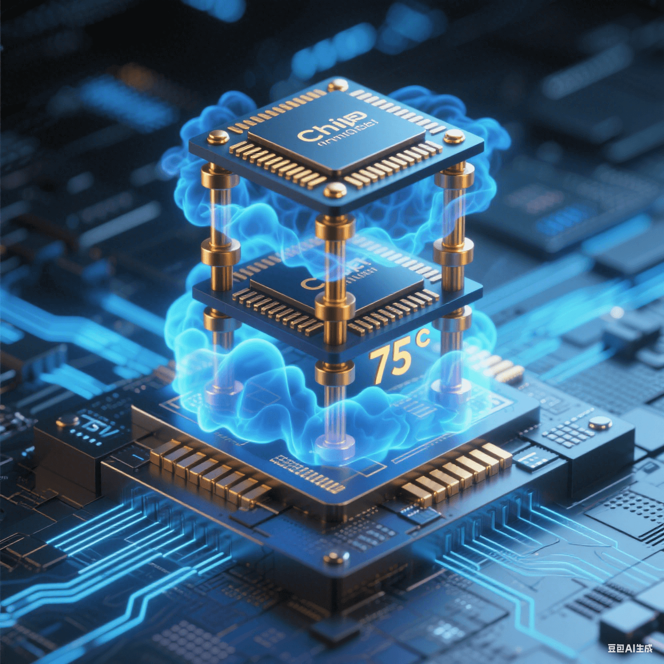 硅中介層上垂直堆疊 3 顆 Chiplet 芯片，銅微凸點(diǎn)如金色支柱連接，TSV 通孔散發(fā)藍(lán)色流光