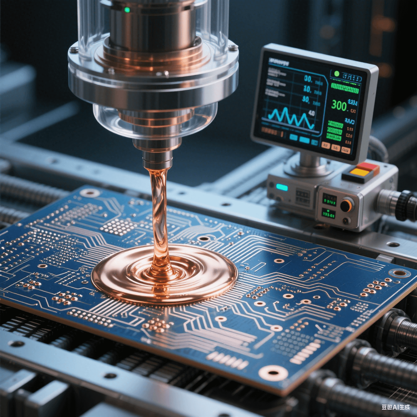 量子計算高速電路板使用真空填銅工藝，銅液在真空中填充微孔，旁邊監(jiān)控設備顯示參數(shù)