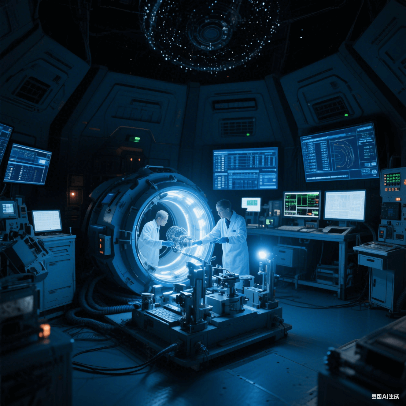 太空環(huán)境模擬實(shí)驗(yàn)室中科研人員模擬微重力下的微孔加工，實(shí)驗(yàn)艙燈光閃爍