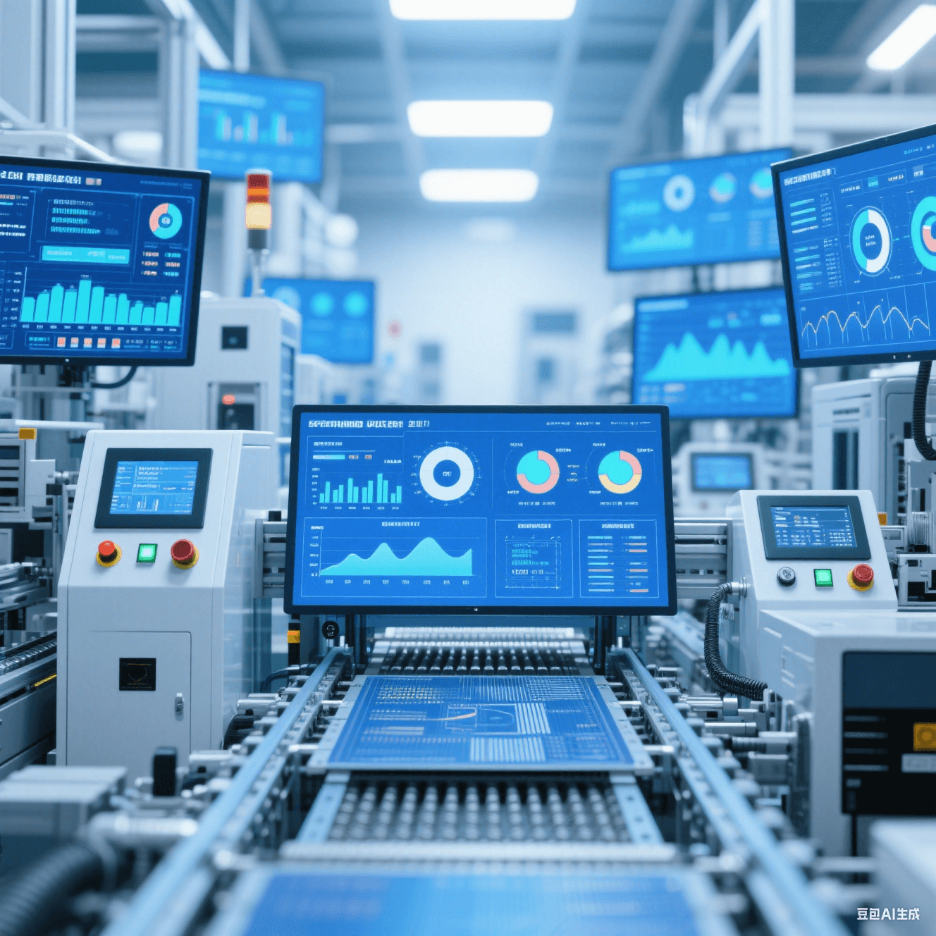 智能化 PCB 加工廠內(nèi)自動(dòng)化生產(chǎn)線根據(jù)大數(shù)據(jù)調(diào)整參數(shù)，設(shè)備顯示屏顯示生產(chǎn)數(shù)據(jù)圖表