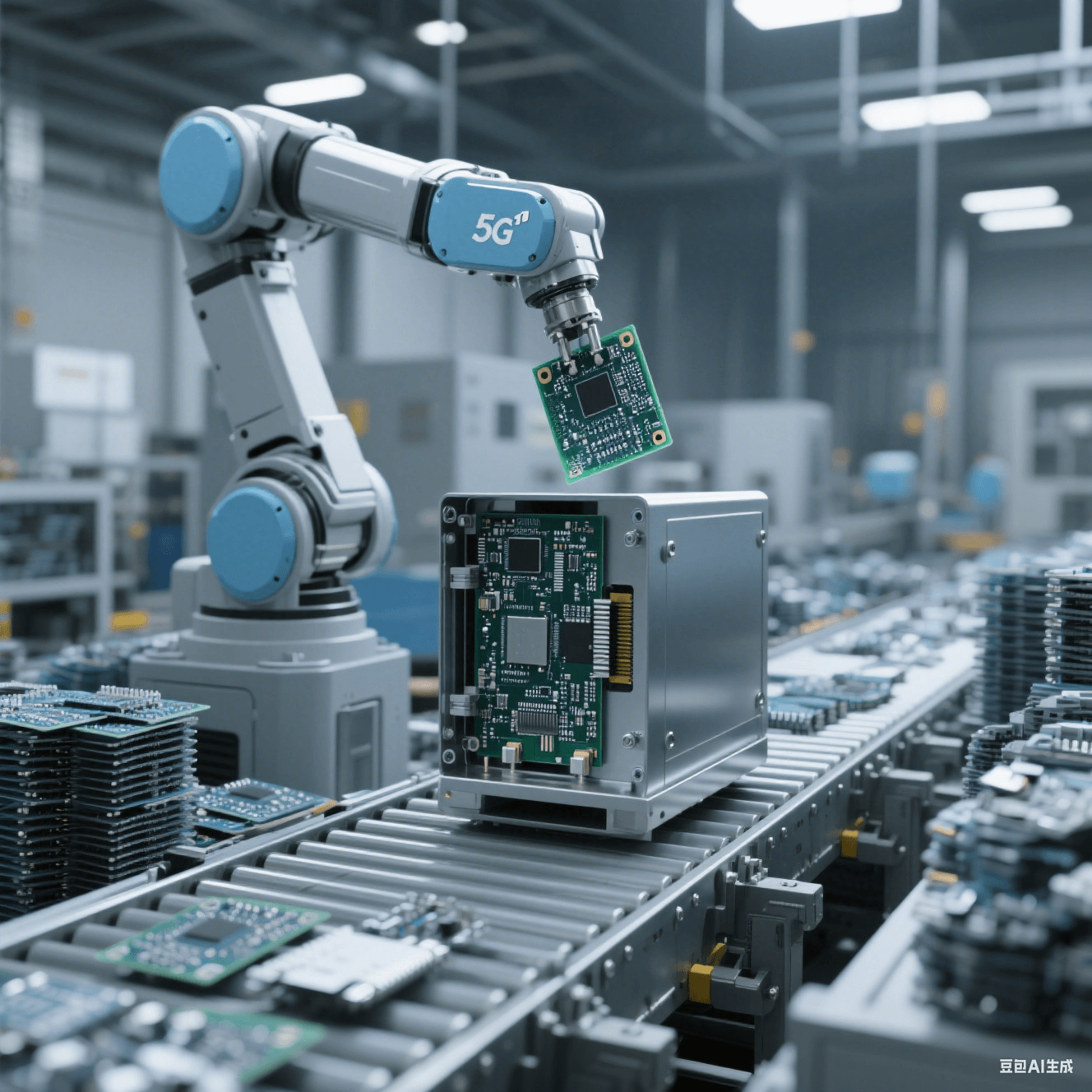 5G 基站組裝車間內(nèi)機(jī)械臂將 PCB 板安裝至金屬外殼，傳送帶堆放待組裝零件