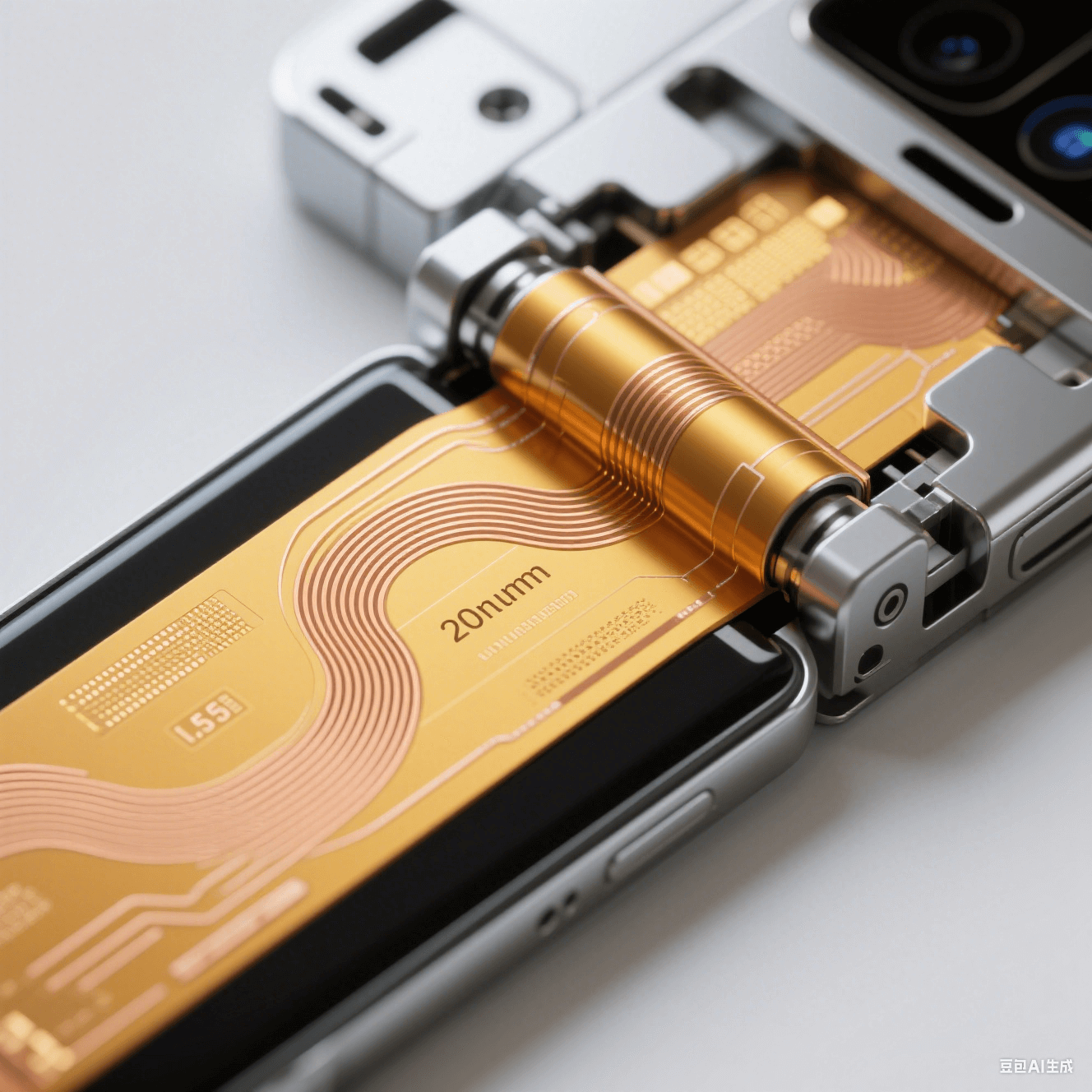 折疊屏手機(jī)鉸鏈內(nèi)部結(jié)構(gòu)特寫(xiě)：25μm 聚酰亞胺柔性板實(shí)現(xiàn) 0.5mm 彎曲半徑與納米壓印應(yīng)力釋放技術(shù)