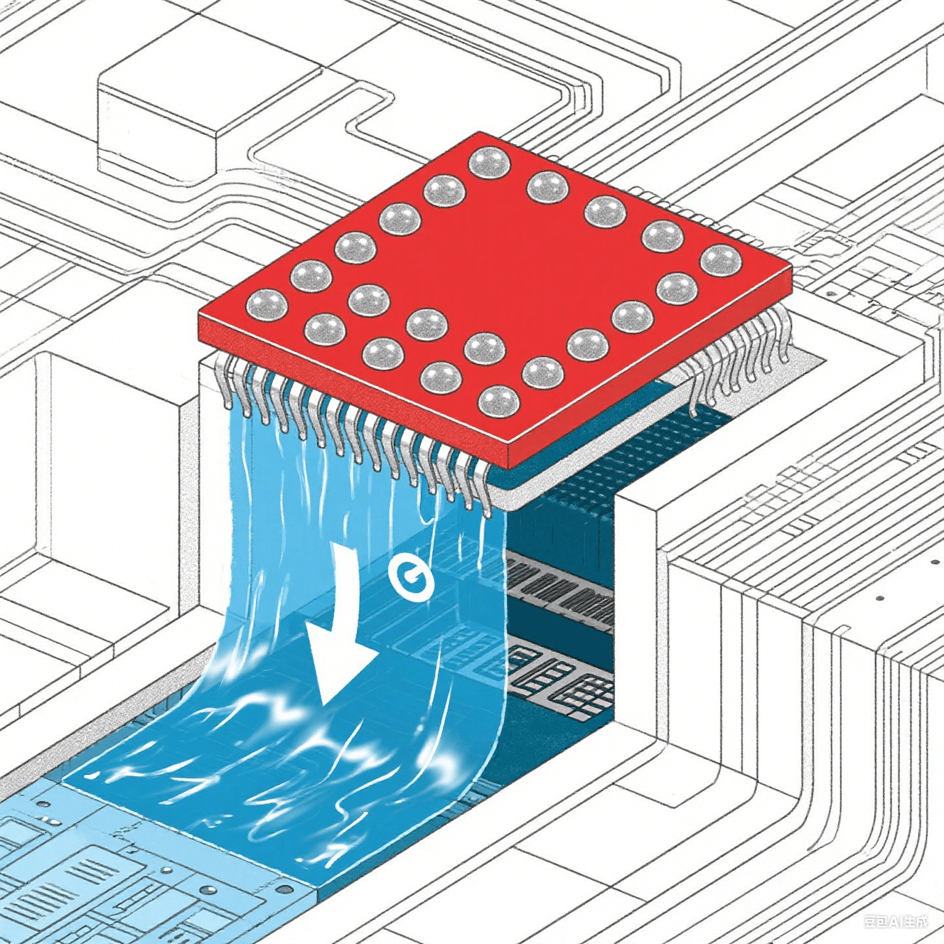 BGA封裝散熱原理：芯片核心紅色高溫區(qū)經(jīng)焊球陣列傳導(dǎo)至藍色低溫基板，箭頭指示15℃溫降，液態(tài)金屬在基板層流動