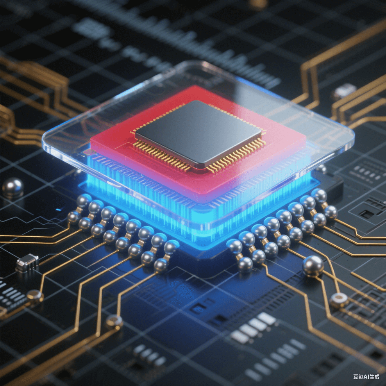 球柵陣列封裝剖面圖：展示電路板基座上芯片的底部銀色焊球陣列，金色導(dǎo)線連接中央硅晶片，內(nèi)部藍色信號路徑與紅藍漸變的散熱流向，背景帶微米級刻度尺