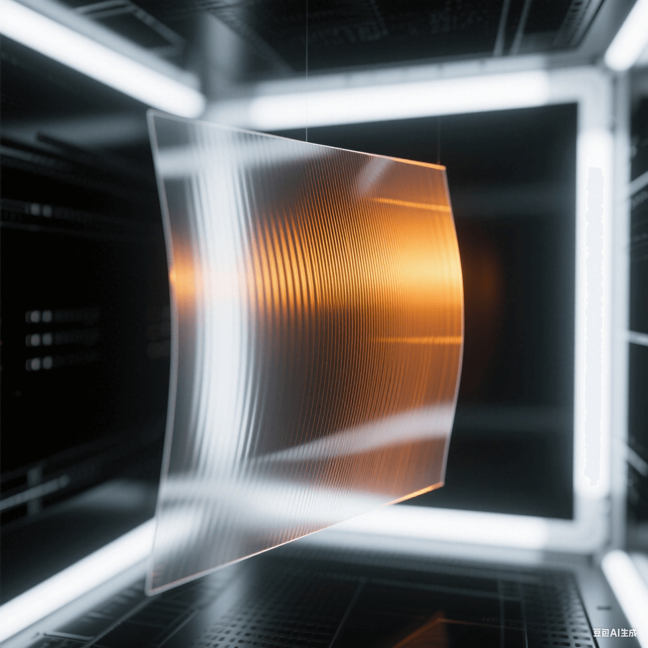 透明PI膜懸浮于冷白光真空腔，150℃/250℃溫階折射出橙/金雙色干涉條紋，殘余應(yīng)力消散軌跡具象化為偏振光柵變形