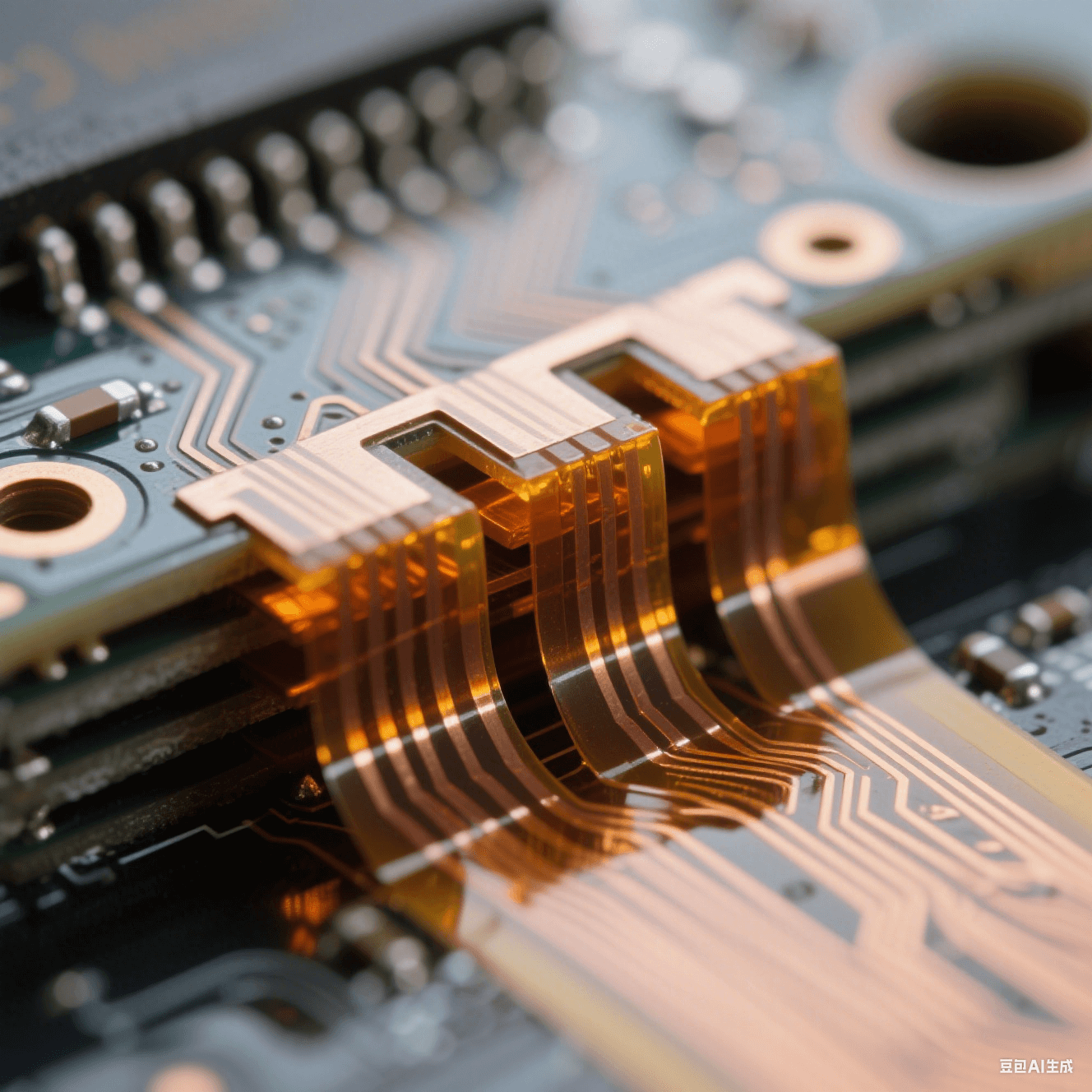 微距攝影：超薄聚酰亞胺薄膜與銅箔交錯疊加的橫截面，琥珀色半固化膠層如琥珀包裹電路，金屬光澤與啞光基材形成材質(zhì)對比