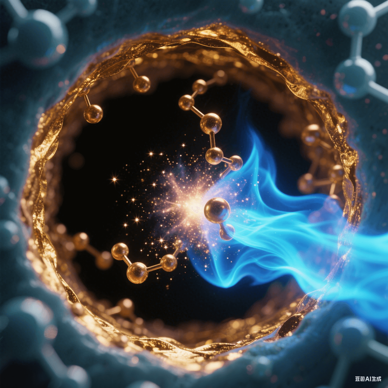 氧等離子體流如藍色火焰掃過微孔，孔壁表面能提升形成金色親水膜，化學(xué)沉銅離子如星云向孔內(nèi)聚集 