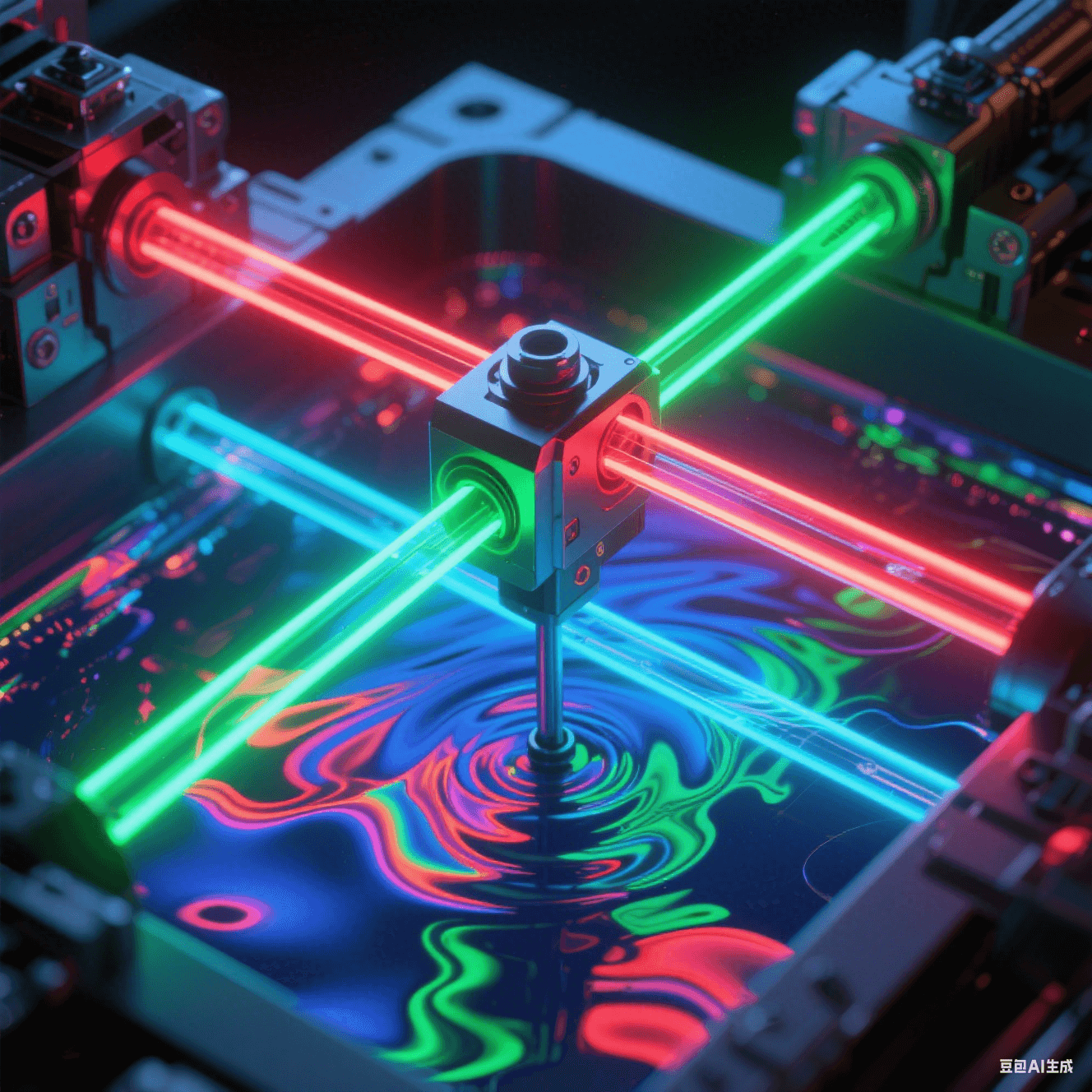 紅/綠/藍三色光軌沿XYZ軸規(guī)律脈動，電解液在透明電鍍槽內(nèi)形成非牛頓流體波紋，濃度梯度折射虹彩光暈