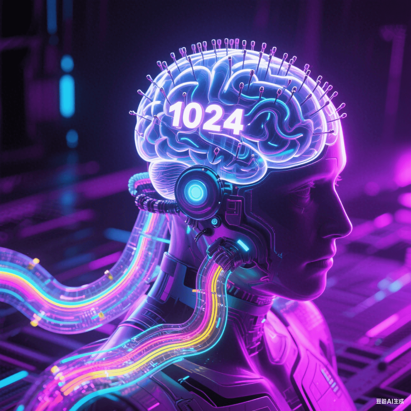 1024通道柔性電極陣列植入透明腦模型，思維脈沖化作彩色光波沿透明電路傳遞，賽博朋克紫調(diào)光影