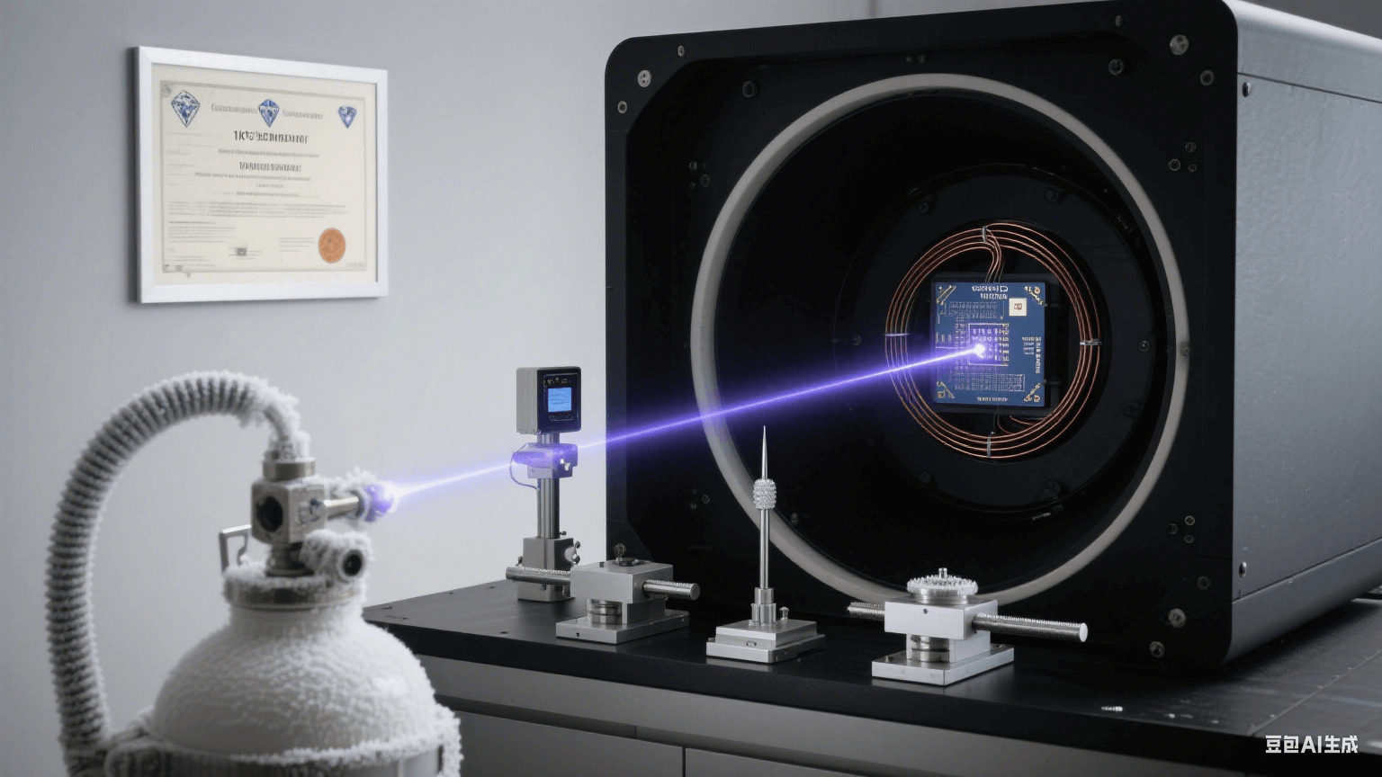 超導(dǎo)量子測試系統(tǒng)：液氦杜瓦瓶連接真空腔，超導(dǎo)線圈激發(fā)量子比特糾纏光軌，納米位移臺探針掃描芯片信號