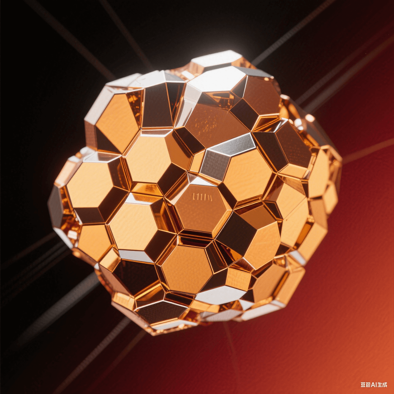 藝術(shù)化銅晶體顯微圖：暖金色等軸晶粒緊密鑲嵌，六邊形晶面反射定向光束，深紅背景強化金屬晶界光澤