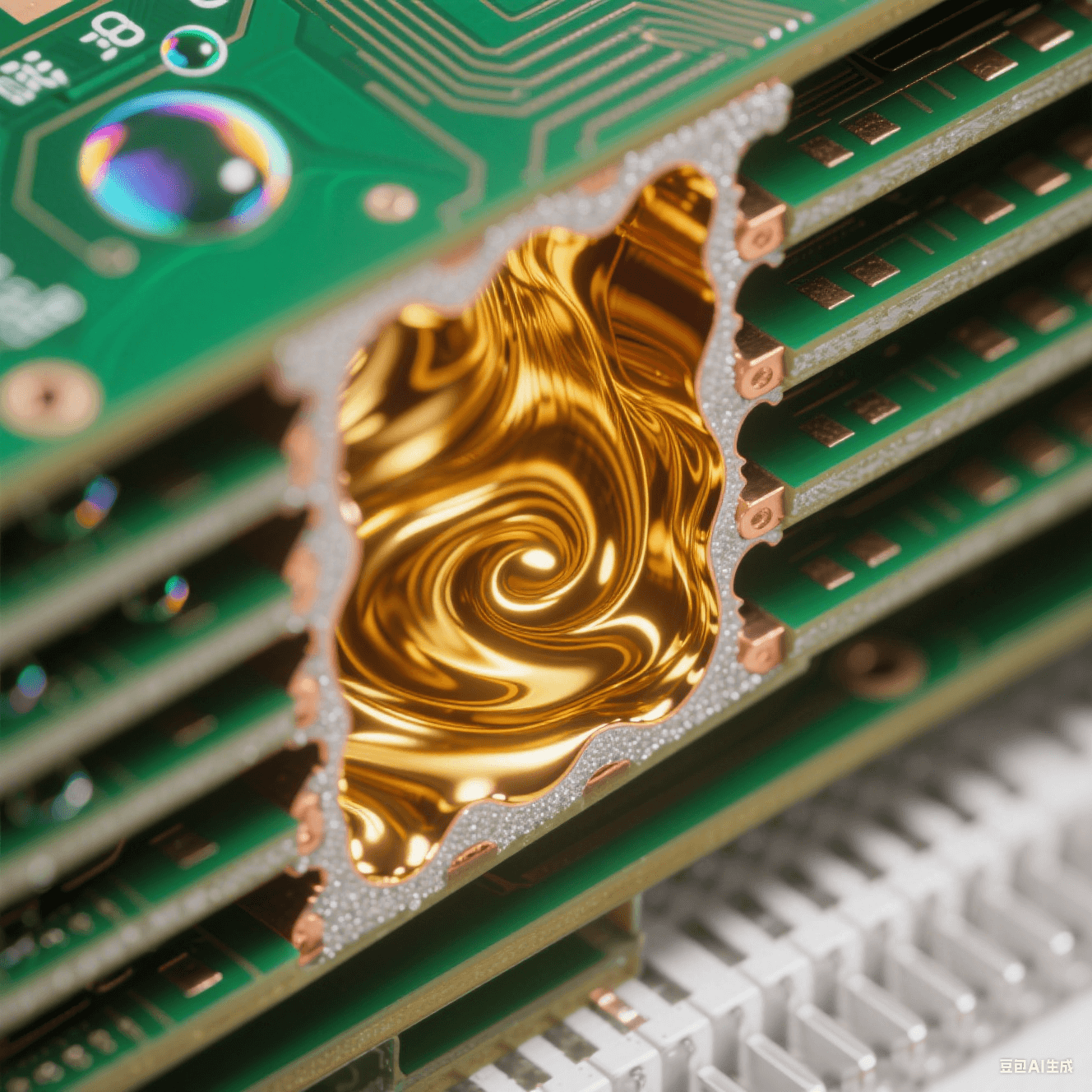 顯微視角下黃金電解液填充HDI板微孔的過(guò)程，鏡面銅層沉積于孔壁，多層啞光綠阻焊與古銅導(dǎo)電層交替，呈現(xiàn)高密度互連板的脈沖電鍍填孔先進(jìn)工藝