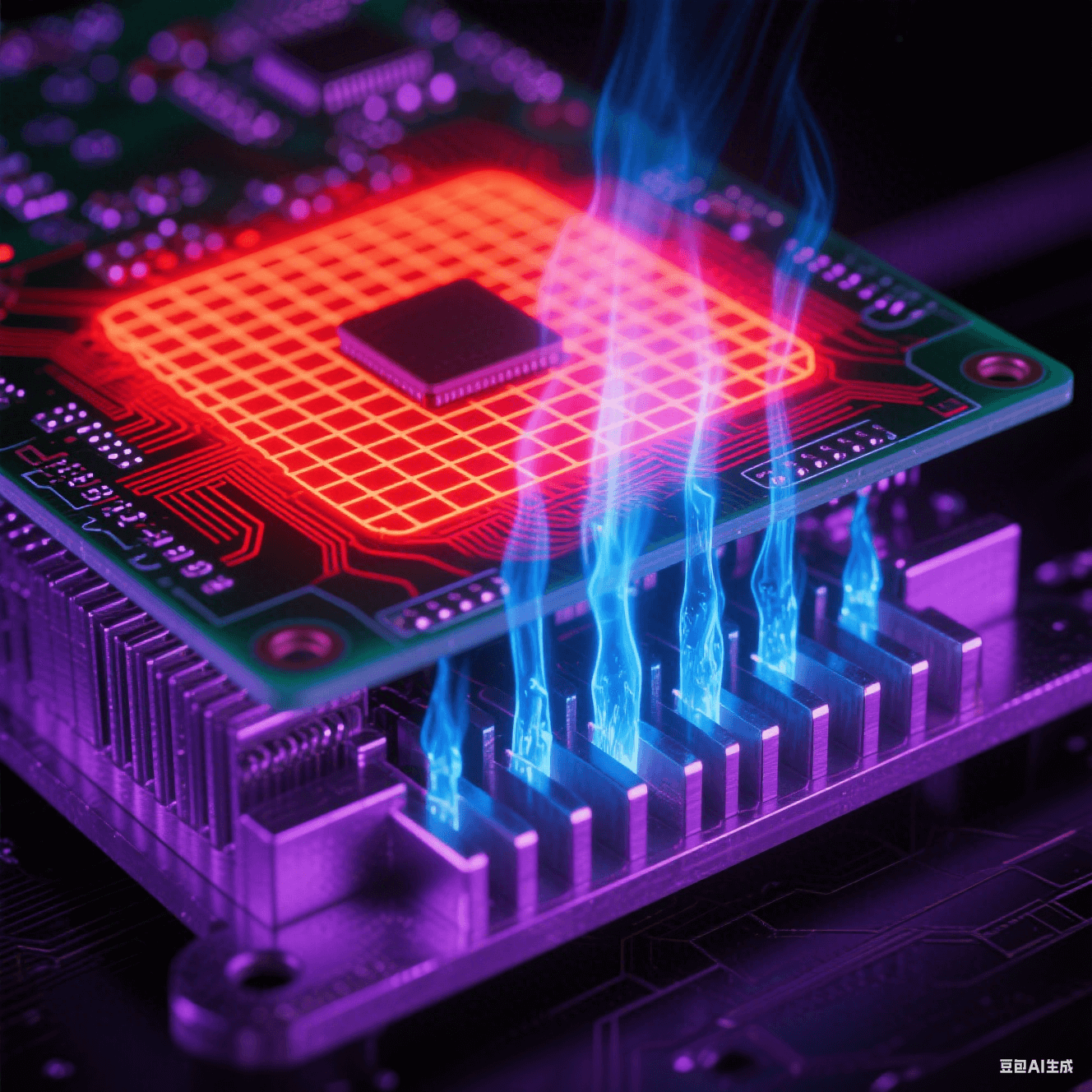 紅外視角PCB亮紅色高溫區(qū)，藍(lán)色柱狀熱過孔貫穿連接底部散熱鰭片，鋁基板泛金屬冷光，熱蒸汽在紫黑背景上升