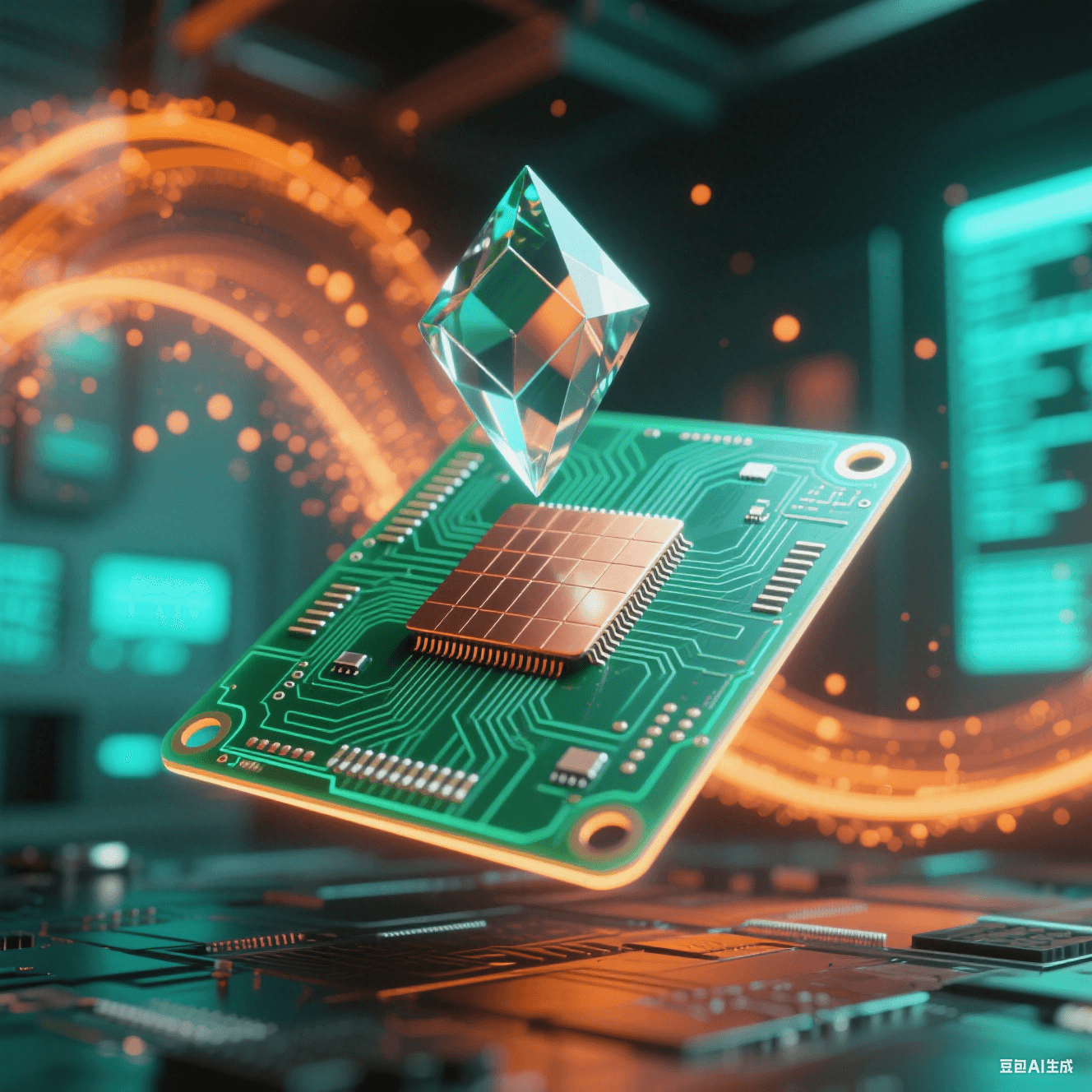 懸浮透綠PCB被激光網(wǎng)格掃描，交匯點(diǎn)凝結(jié)飄浮菱形水晶，銅厚光帶投射陰影，霓虹粒子流抽象數(shù)據(jù)庫青橙光霧彌漫