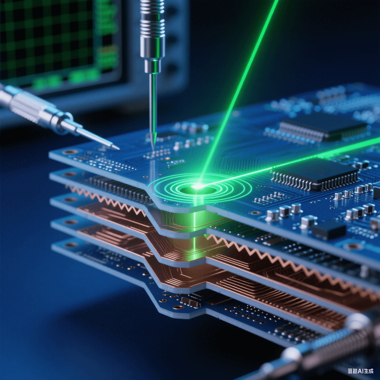 透明多層PCB剖面鋸齒銅層結(jié)構(gòu)，綠色激光在過孔處反射形成漩渦，銀色探針接觸測試點(diǎn)，鈷藍(lán)背景虛化示波網(wǎng)格