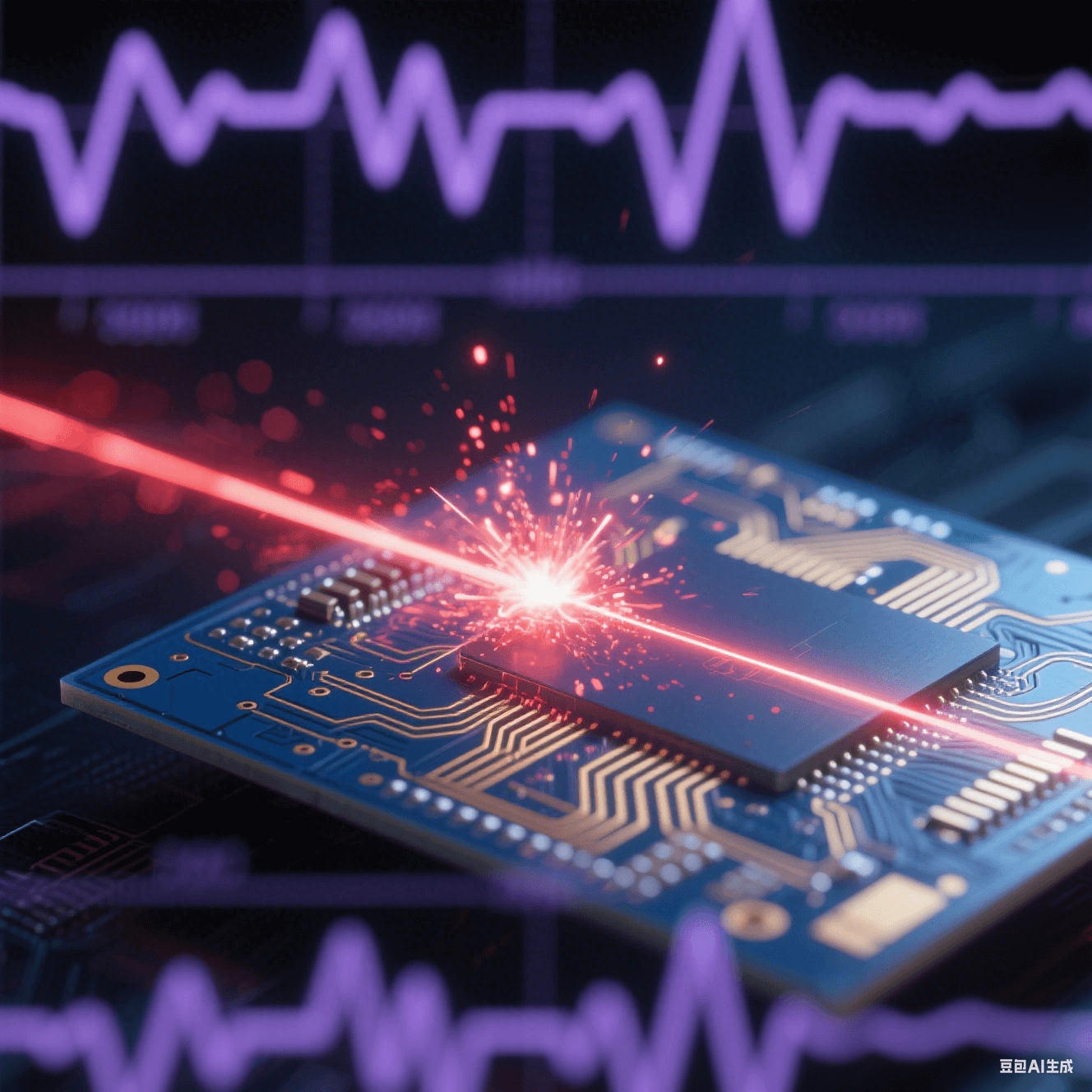 深藍(lán)色PCB上金色電路脈沖激光傳輸，末端爆裂為紅色粒子霧，背景虛化示波器波形與冷紫色工業(yè)激光束，高對比玻璃纖維紋理微觀呈現(xiàn)