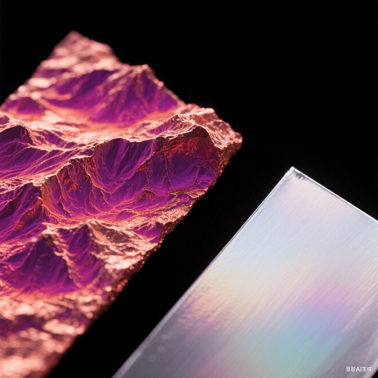 電子顯微鏡下粗糙與光滑銅箔對比，紫紅熱力圖標(biāo)示局部高溫，冷銀色鍍層泛虹彩光澤，黑色背景突顯微觀表面結(jié)構(gòu)