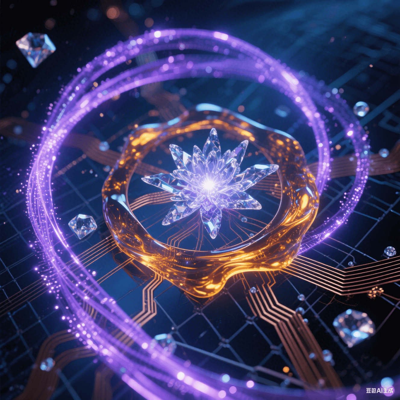 幽藍(lán)色玻纖上琥珀樹脂流淌液態(tài)光影，紫色離子粒子流在納米縫隙舞動(dòng)成星系漩渦，光導(dǎo)纖維網(wǎng)絡(luò)故障點(diǎn)綻放水晶能量花簇的光影藝術(shù)表現(xiàn)