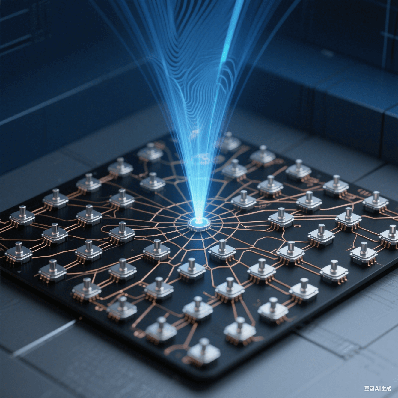 俯視視角的 5G 基站陣列，256 個銀色金屬觸點呈蜂巢矩陣排布，微米級銅線交織，漸變藍(lán)光束狀毫米波信號形成干涉波紋，背景深空藍(lán)與霧灰色模擬信號穿墻衰減