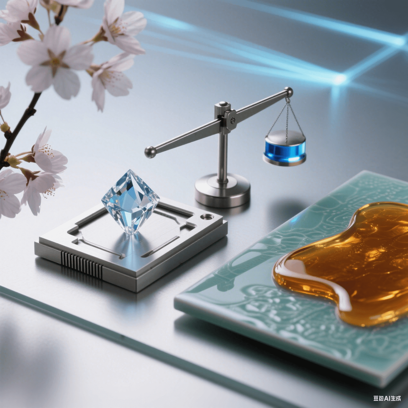 櫻花映襯下，鉆石晶體放金屬臺，中央天平偏向右端藍(lán)光砝碼，琥珀流體漫過青瓷托盤，科技背景暗喻價(jià)值的多維權(quán)衡
