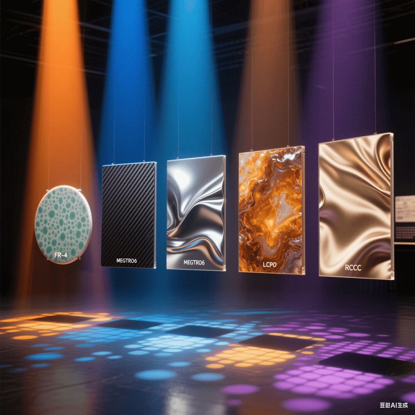 斑駁青瓷紋/碳纖紋/液態(tài)金屬/琥珀瑪瑙紋/絲綢褶皺肌理，被橙藍(lán)金銀紫光束穿透，地面投影各異光斑形態(tài)