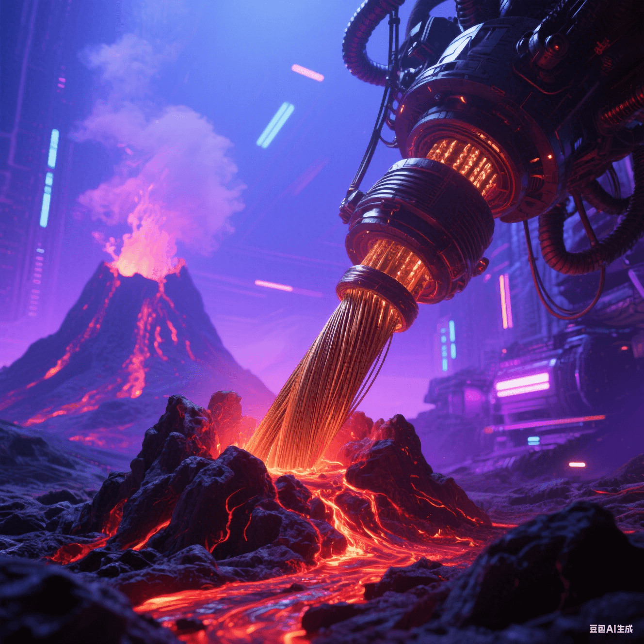 玄武巖纖維替代：火山巖熔融拉絲過程，暗紅熔巖凝固成青銅色纖維束