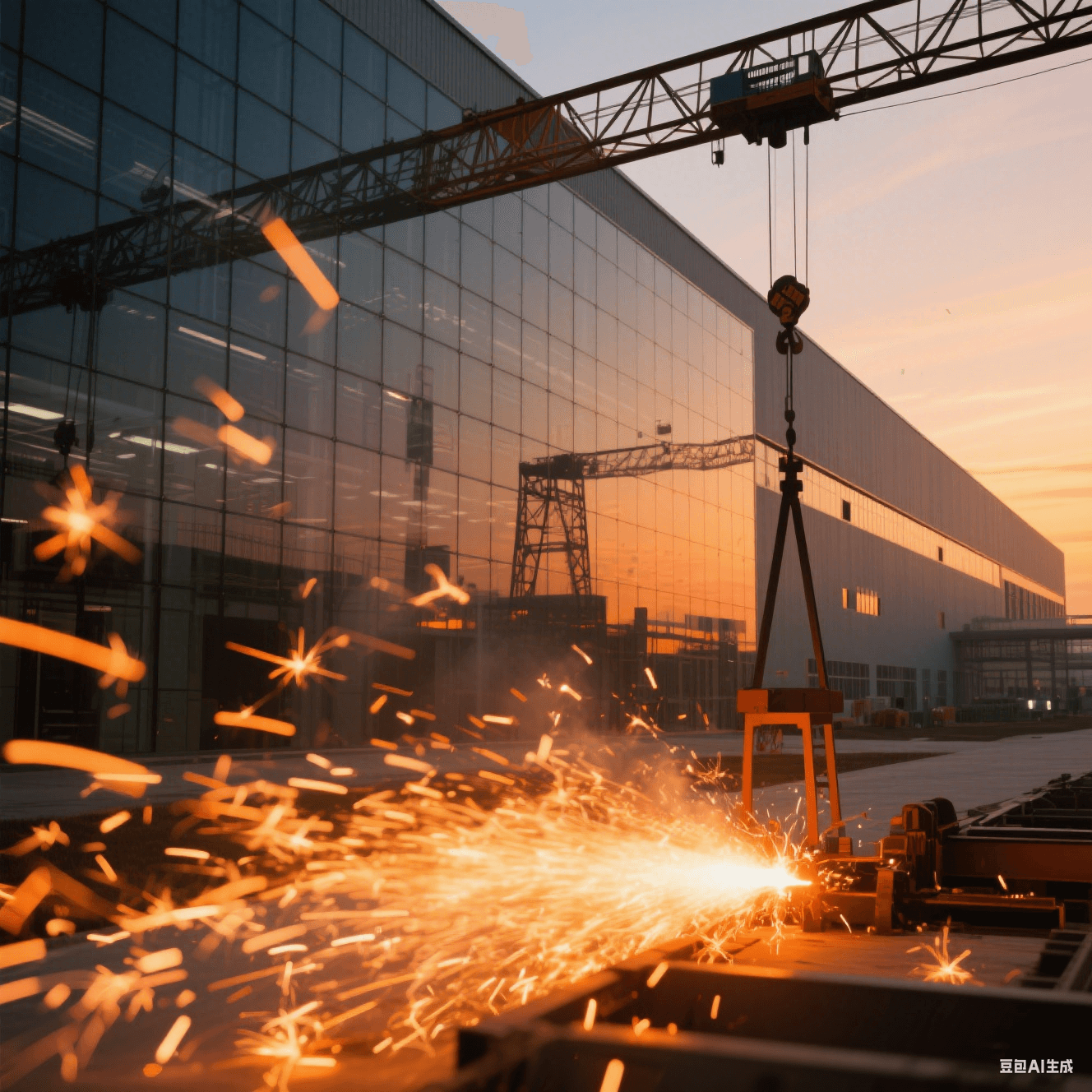 晶圓廠全景，玻璃幕墻映出擴(kuò)產(chǎn)基地輪廓，吊車剪影與橙色焊光交錯