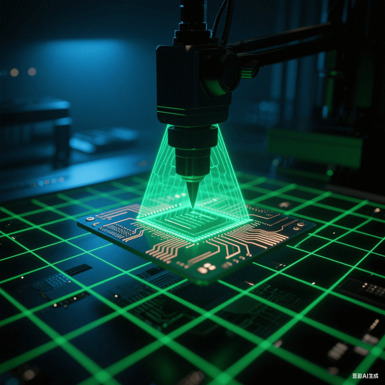 綠色激光網(wǎng)格掃描過懸浮的基板，在銅線路上折射出細密光網(wǎng)。X射線穿透基板形成內(nèi)部結(jié)構(gòu)的翡翠色透視光影，檢測探頭投射銳利三角陰影，背景彌漫電子藍霧光。