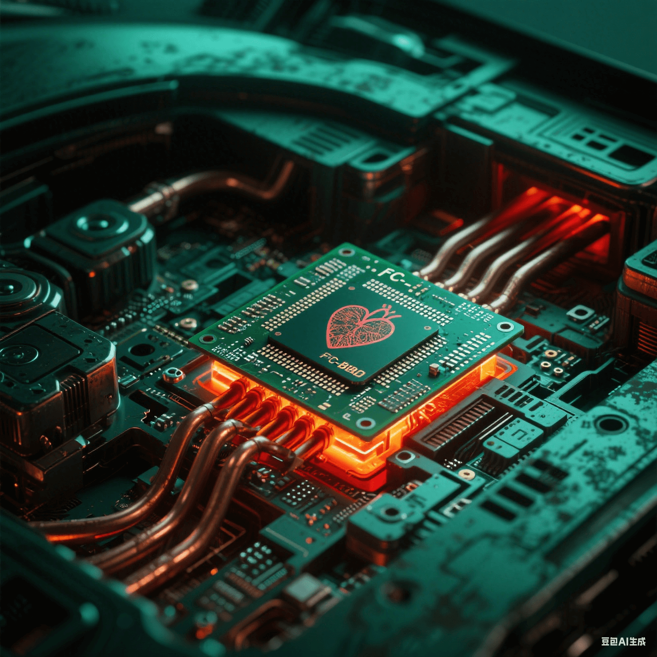 智能汽車電子艙透視視角，F(xiàn)C-BGA基板如心臟跳動，散熱銅管泛紅橙光暈
