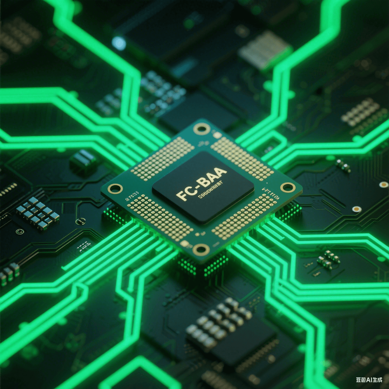 FC-BGA 基板與新型電路板集成特寫(xiě)：兩者緊密連接，線(xiàn)路交錯(cuò)有序，新型電路板外觀獨(dú)特，在綠色科技光線(xiàn)下，展現(xiàn)集成的創(chuàng)新性與科技感。
