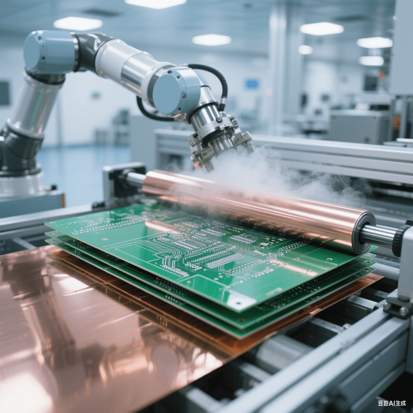 無(wú)塵車(chē)間機(jī)械臂壓合電路板：翡翠綠基板與古銅色銅箔在金屬輥壓力下融合，虹彩反光流動(dòng)于表面，藍(lán)灰工業(yè)色調(diào)中突出鏡面接觸細(xì)節(jié)