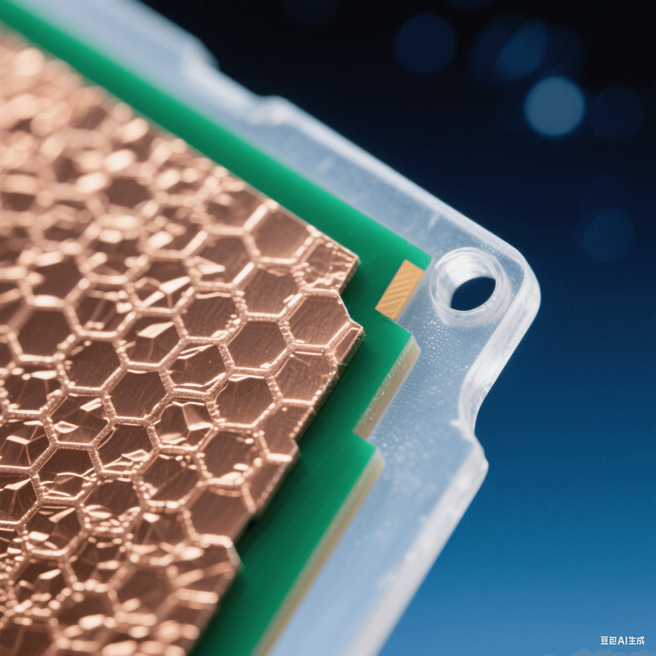 無(wú)鹵素基板銅箔結(jié)合界面微觀特寫(xiě)：淺金色銅晶體與深綠色樹(shù)脂形成蜂巢結(jié)構(gòu)，冷金屬光澤與啞光聚合物對(duì)比，頂光下銀白光暈穿透半透明磨砂層