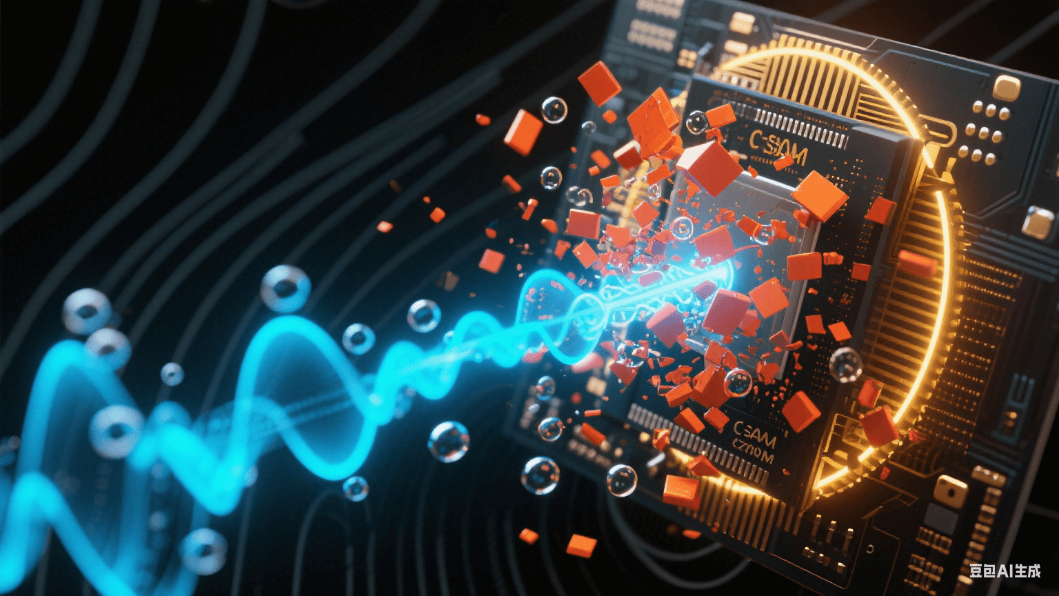 抽象聲波場(chǎng)：藍(lán)色超聲波束穿透PCB層壓結(jié)構(gòu)，橙紅氣泡群碎裂成微粒后被金色共振環(huán)溶解，黑色基材表面浮現(xiàn)聲波干涉紋