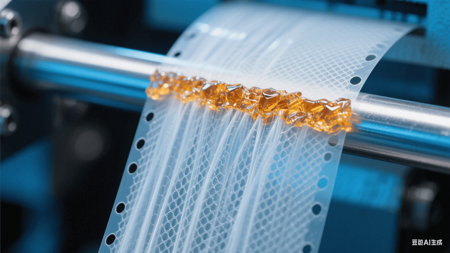 特寫(xiě)多孔離型膜截面：銀白氣體流柱穿透薄膜網(wǎng)格，孔緣凝固琥珀樹(shù)脂晶體，背景液壓桿泛冷藍(lán)金屬反光