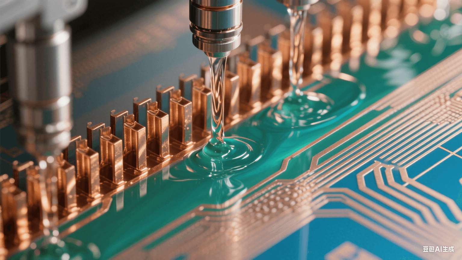 弱堿性蝕刻液流經(jīng)銅箔形成藍綠漸變流體場，微噴淋系統(tǒng)雕刻鏡面般金屬紋理（Ra≤0.1μm），顯微視角展現(xiàn)無鼠咬缺陷的熔金質(zhì)線路輪廓