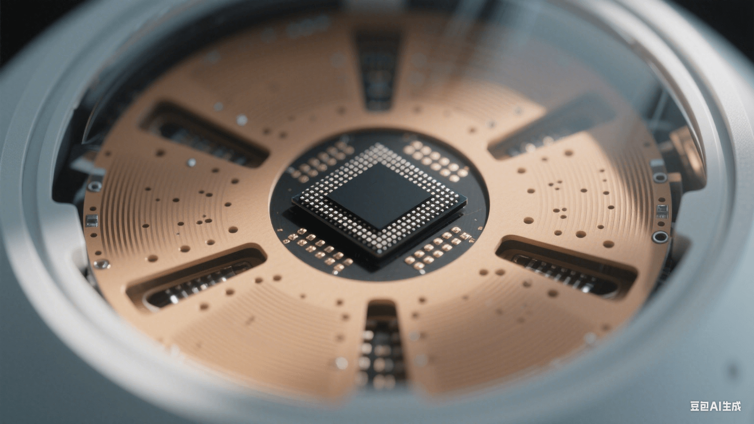 自動(dòng)駕駛雷達(dá)內(nèi)部結(jié)構(gòu)：圓形主板中央有黑色芯片，周圍是淺棕色介質(zhì)波導(dǎo)（金屬過孔點(diǎn)陣如網(wǎng)格）