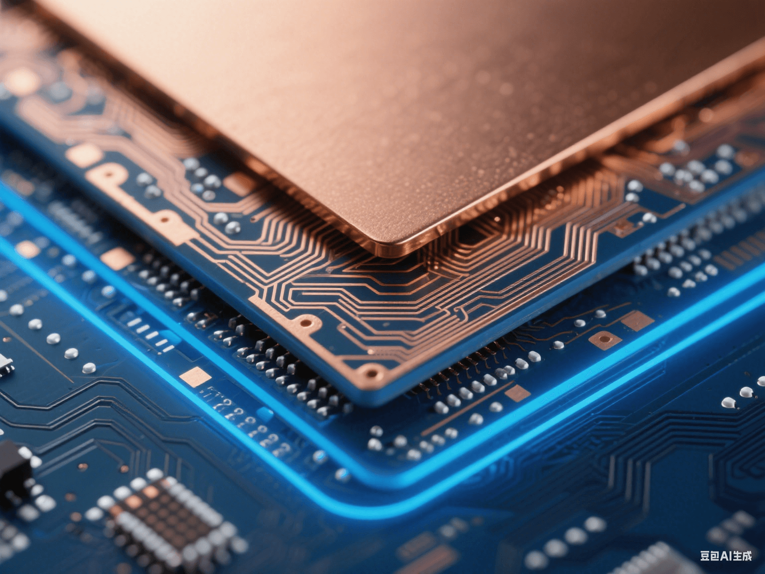 高速電路 PCB 信號層與電源層疊合，銅層帶細密走線，藍色背光下邊緣發(fā)光，顯層間結構