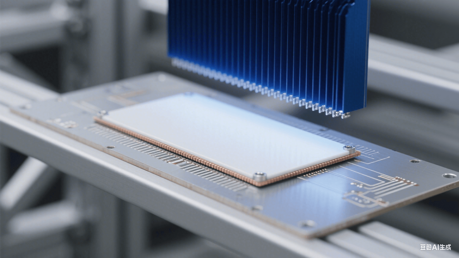 銀灰色鋁基板水平放置，表面覆白色陶瓷層，邊緣露出 0.5mm 銅箔線路；上方 3cm 懸深藍色散熱片，間有銀色導熱膏，頂部冷藍光形成銳利邊緣陰影