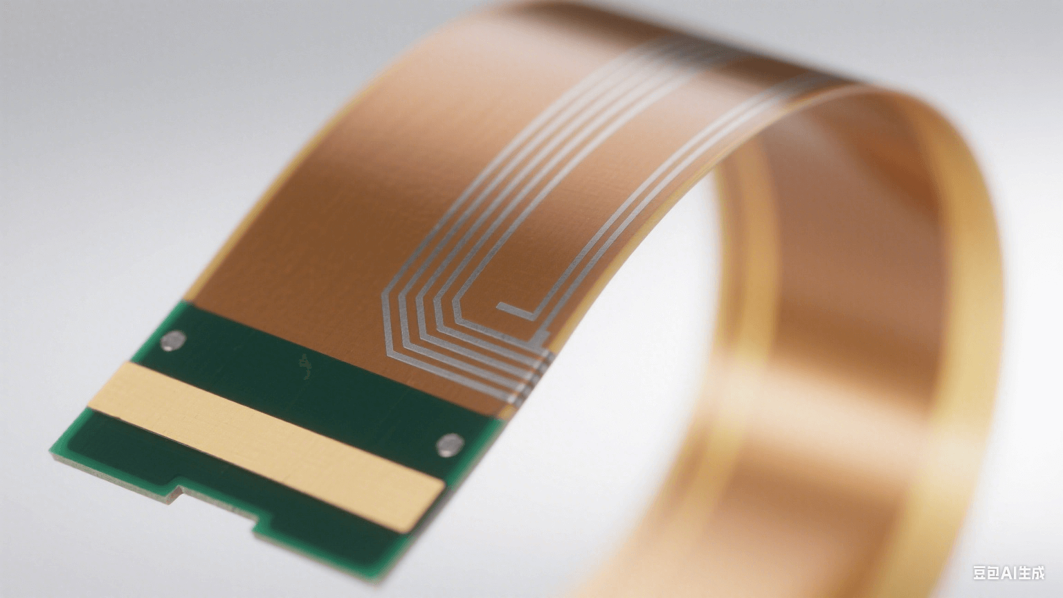 120° 彎曲的淺棕色 PI 薄膜表面有銀灰色銅箔線路（彎曲處連續(xù)），剛性部分為深綠色 FR-4，連接處有淺黃補強板