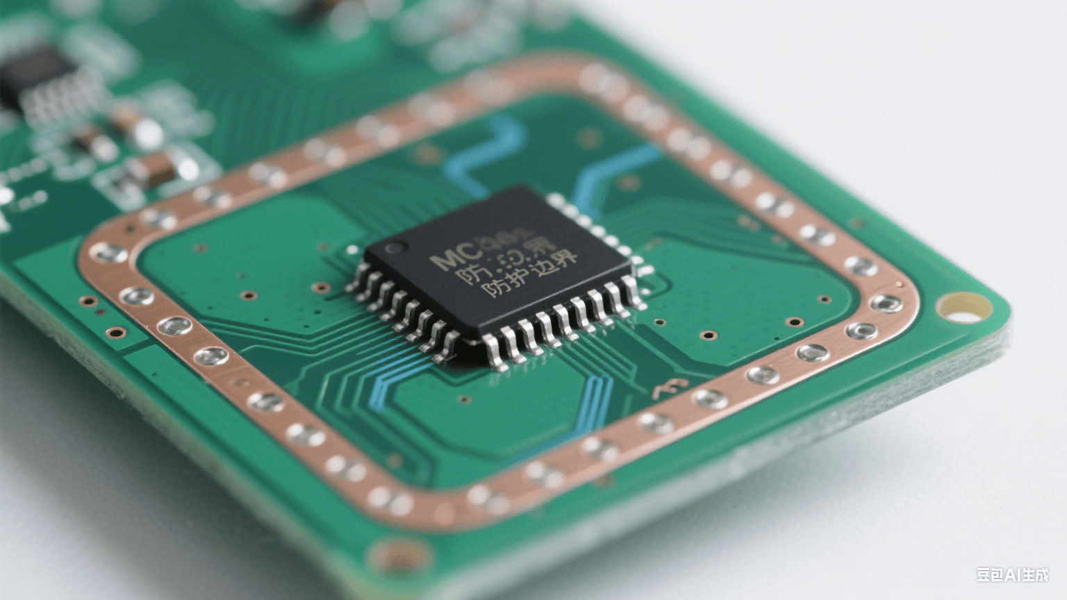 設(shè)計(jì)階段靜電防護(hù)：深綠色 PCB 邊緣有裸銅防護(hù)環(huán)與接地過(guò)孔，中央芯片引腳與銅皮間距大，短直銀線(xiàn)接地面泛淡藍(lán)光，冷白光照射顯精密