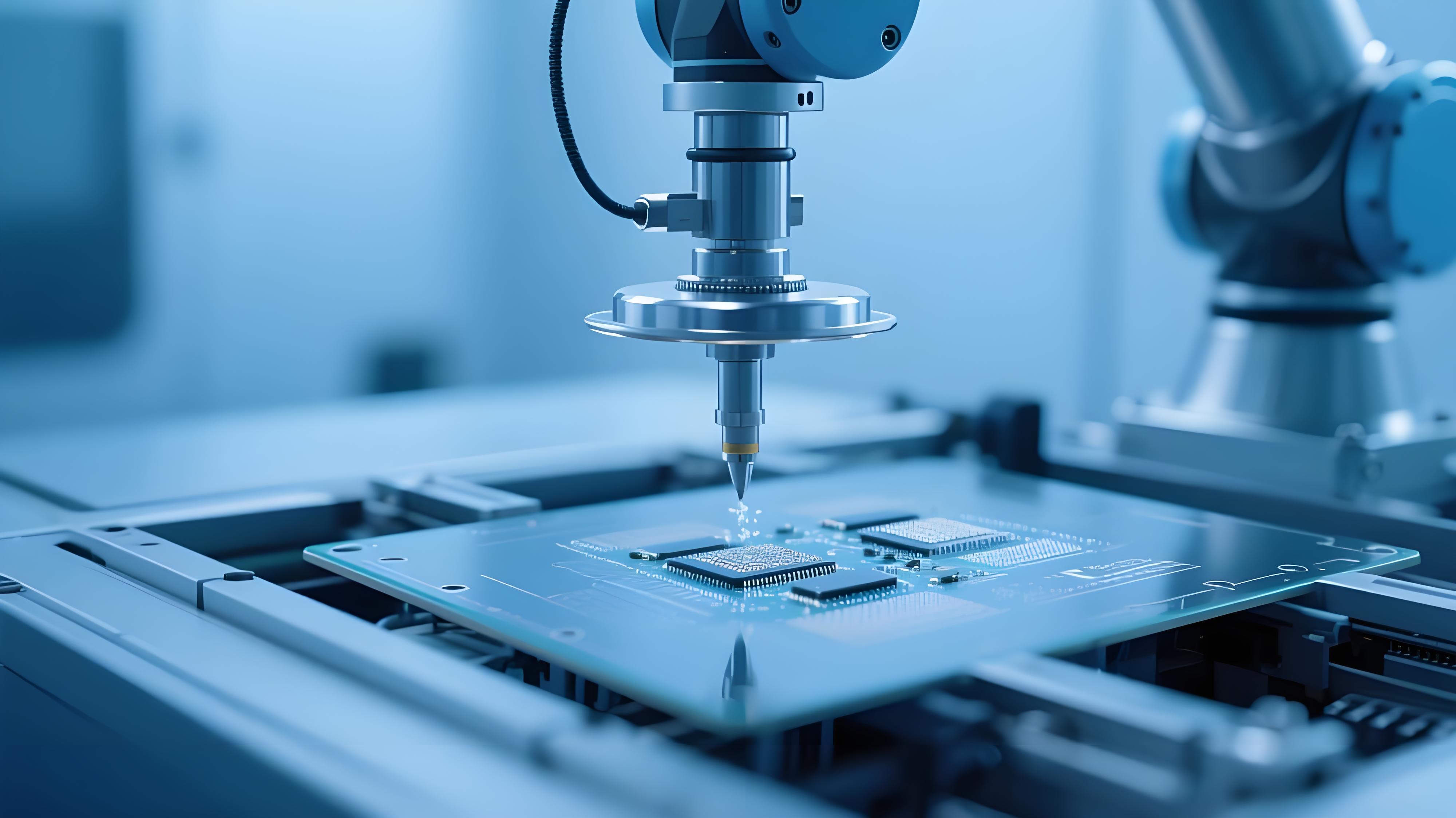 超精密SMT貼裝系統(tǒng)在潔凈室中操作微型元件，展現(xiàn)高科技制造場(chǎng)景