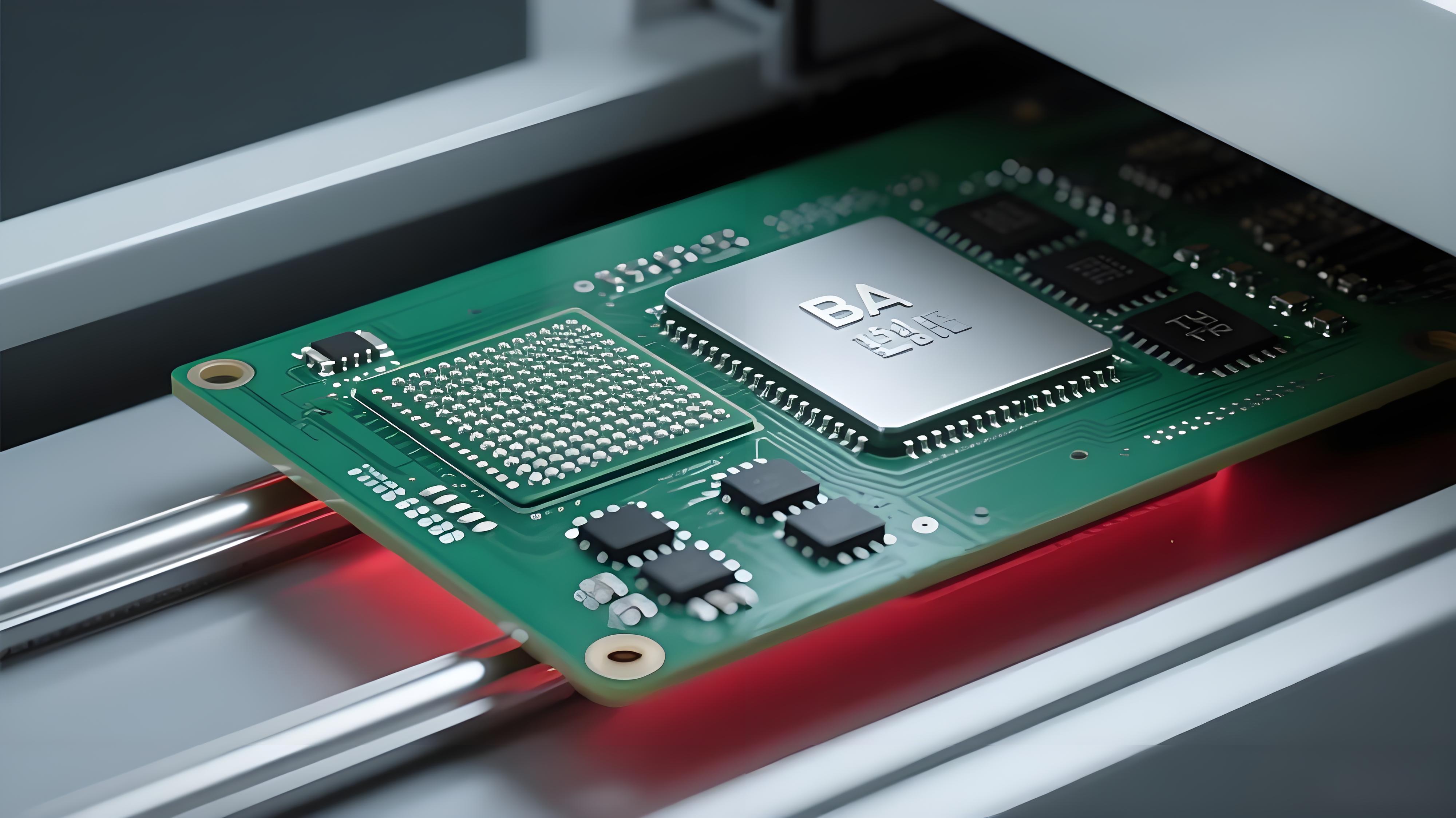 THR工藝BGA熱補(bǔ)償蓋板 深綠色PCB雙元件焊接 淡紅光效局部升溫