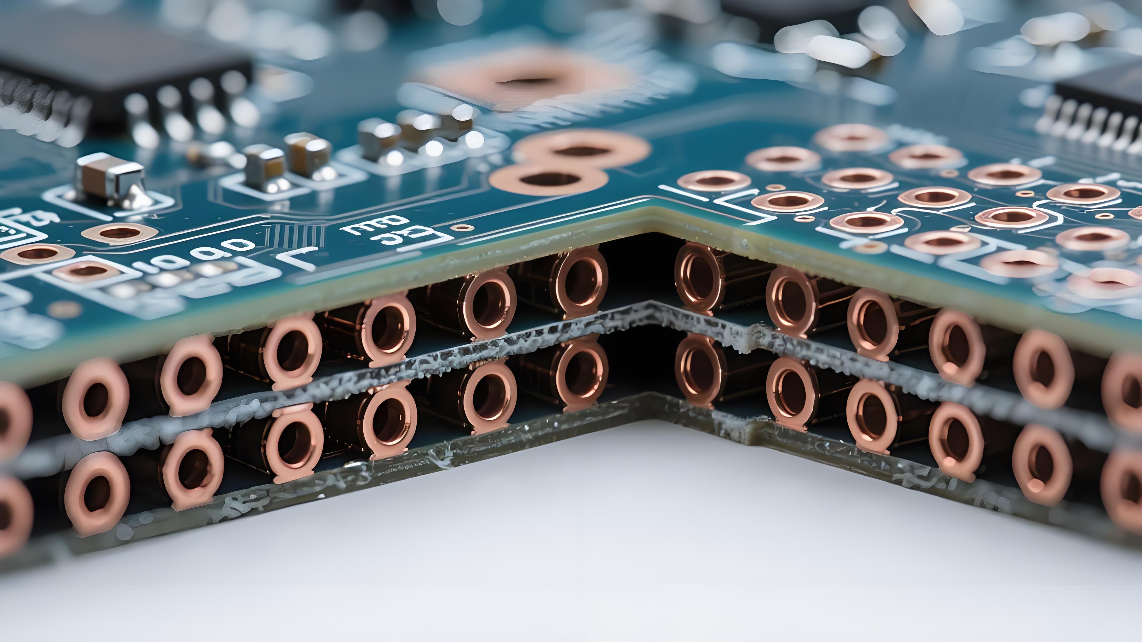 PCB散熱通孔陣列顯微切片橫截面，展示內(nèi)部銅填充結(jié)構(gòu)