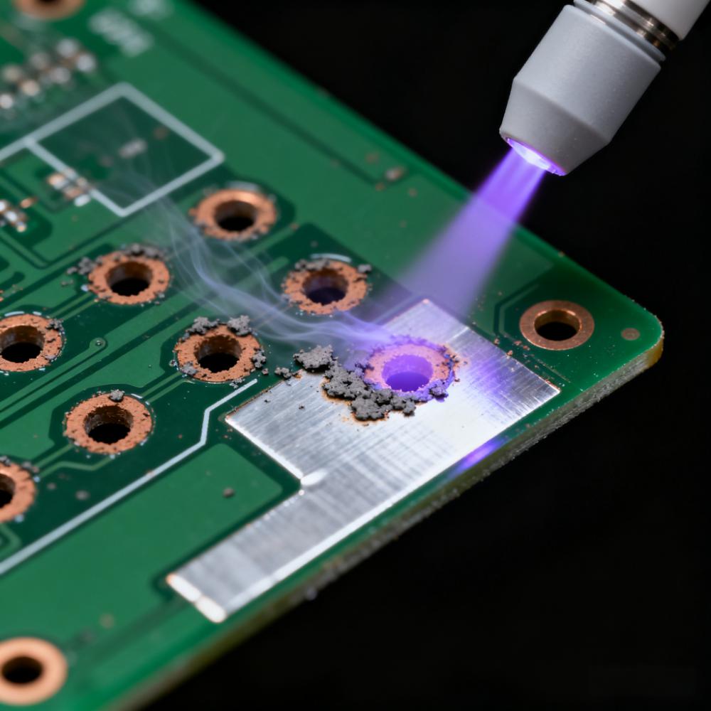 激光鉆孔后等離子清洗微盲孔除膠渣場景，淡紫色等離子體去除孔壁碳化殘留