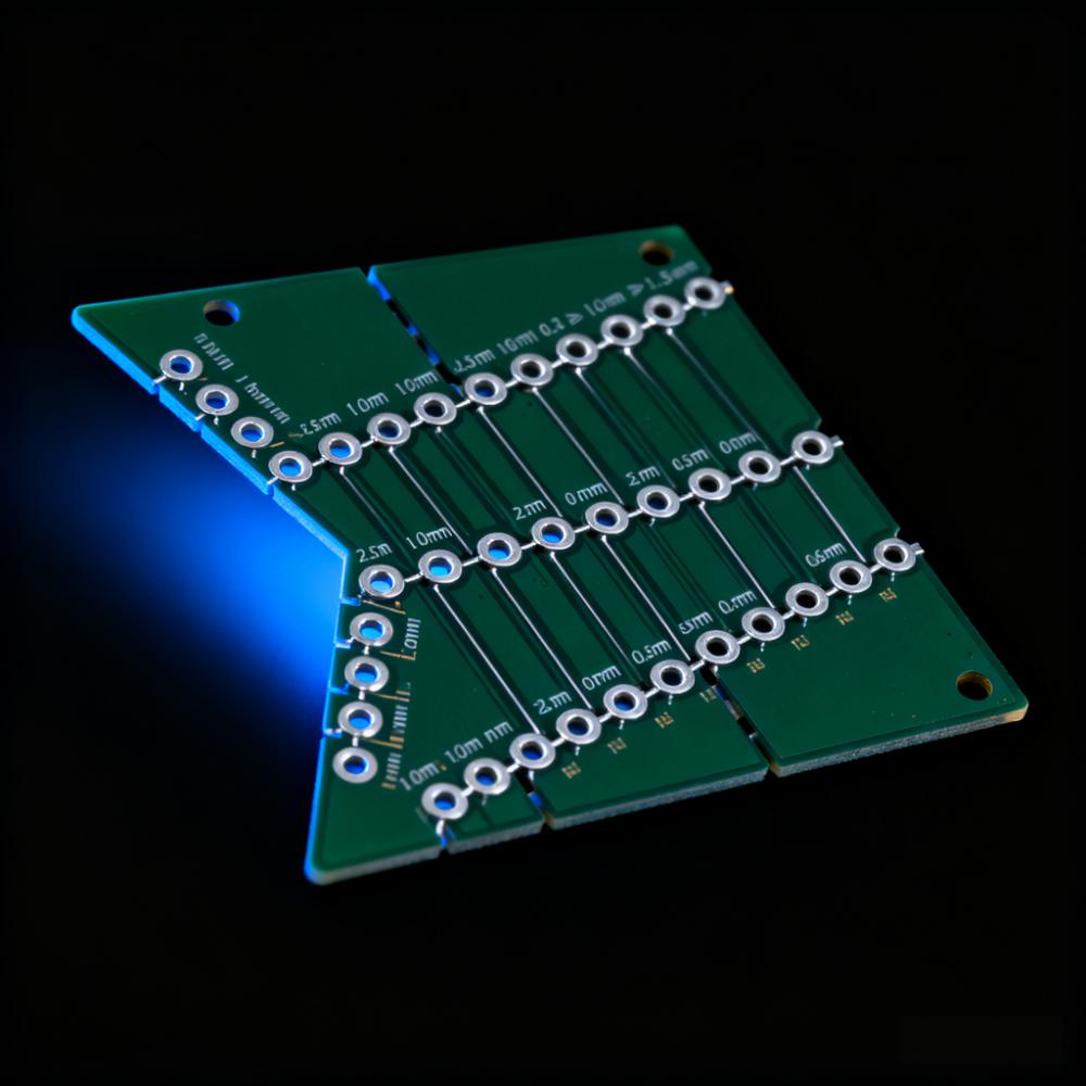 PCB異形拼板郵票孔連接特寫，1.0mm孔徑+2.5mm孔間距，連接筋寬度0.6mm遠(yuǎn)離BGA焊盤