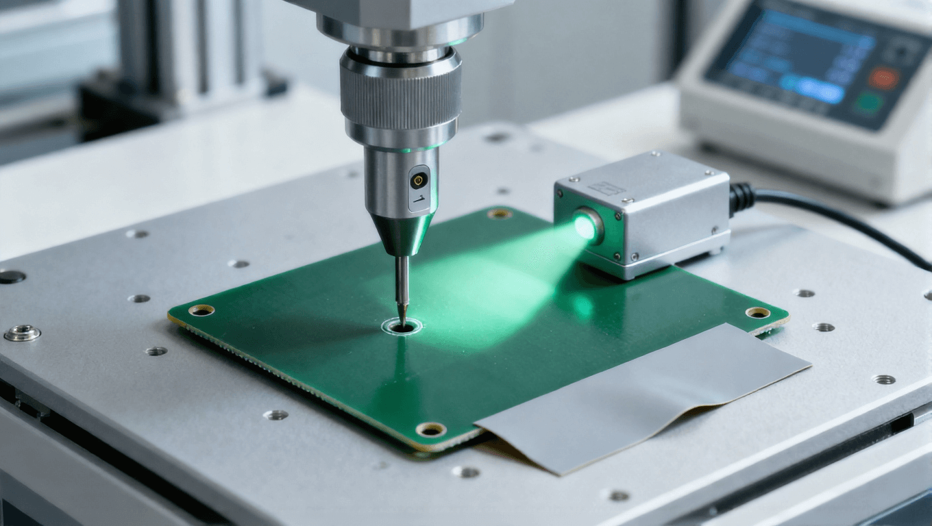 PCB沉頭孔壓力感應(yīng)技術(shù)加工場(chǎng)景，淡綠色光影反饋鉆削阻力變化