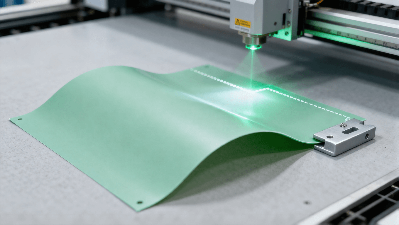 柔性 PCB 激光輪廓切割場(chǎng)景，淡綠色激光無(wú)應(yīng)力切割 PI 板邊緣整齊